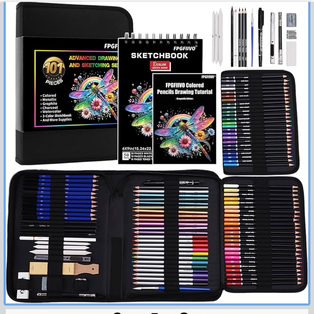 101 pcs sketch art set art supplies with 3 color sketchbook and tutorial